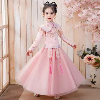 Ханбок для девочек, весенний и осенний костюм в китайском стиле Тан, летний детский Национальный костюм-Ципао, женский костюм Xiuhe, сетчатая юбка