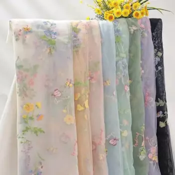 Hanfu свежая Бабочка Цветочный мягкий тюль сетка вышивка кружевная ткань