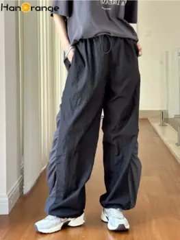 HanOrange 2024, летние уличные лоскутные плиссированные повседневные брюки, женские крутые сухие свободные утягивающие повседневные брюки фиолетового/черного цвета