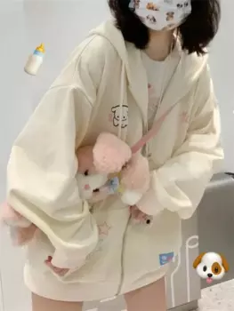 Harajuku Kawaii розовая толстовка на молнии женская японская Y2K милые милые бежевые флисовые толстовки корейский стиль девчачья куртка с капюшоном