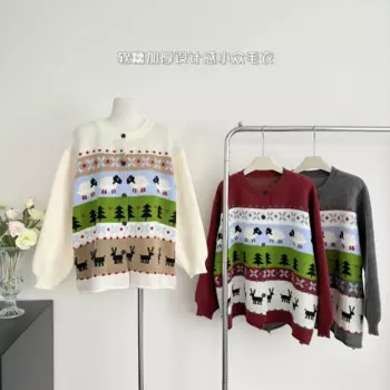 Harajuku Ретро милый вязаный кардиган осень-зима женский милый мультяшный овечий жаккардовый свитер повседневные универсальные топы с круглым вырезом