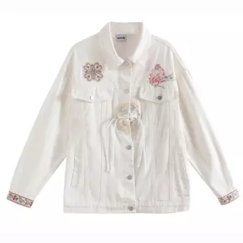 Harajuku винтажная белая джинсовая куртка с цветочной вышивкой, свободная повседневная куртка с лацканами и длинными рукавами, весенне-осенняя новая женская джинсовая куртка, пальто