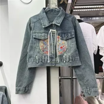 Harajuku винтажная лоскутная джинсовая куртка с вышивкой, новая весенняя женская короткая ковбойская верхняя одежда, повседневная джинсовая куртка с длинными рукавами и лацканами