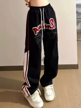 Хаучжоу хиппи винтажные Звездные женские мешковатые штаны Y2K Ретро Уличная одежда с вышитыми буквами полосатые спортивные штаны Harajuku оверсайз для бега