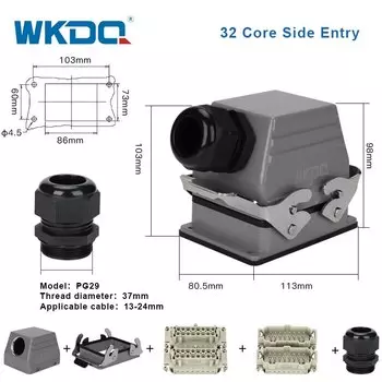 HDC-HE-032 прямоугольный сверхмощный разъем, 32-жильный промышленный водонепроницаемый разъем 16 А 500 В HE32 верхний/боковой вход винт для корпуса