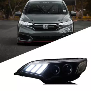 Фара в сборе для Honda Fit/Jazz 2014-UP, светодиодная фара DRL с движущимся указателем поворота, двухлучевая линза, автомобильные аксессуары Demon Eyes