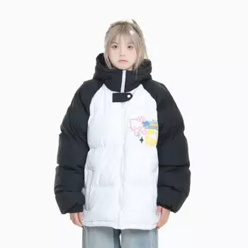 Hello Kitty, милое хлопковое пальто с цветными блоками, женская зимняя модная повседневная куртка, корейская версия, новое толстое пальто с капюшоном на молнии