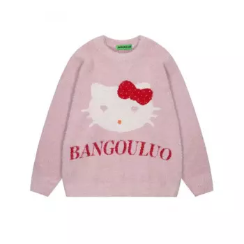 Hello Kitty, свободный повседневный вязаный свитер с круглым вырезом, женский осенне-зимний теплый вязаный топ, милые пуловеры Academy в американском стиле