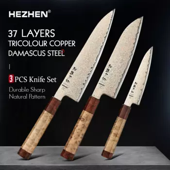 HEZHEN 1-3 шт. набор ножей 37 слоев трехцветная медь дамасская сталь нож шеф-повара классическая восьмиугольная ручка кухонные ножи подарочная коробка