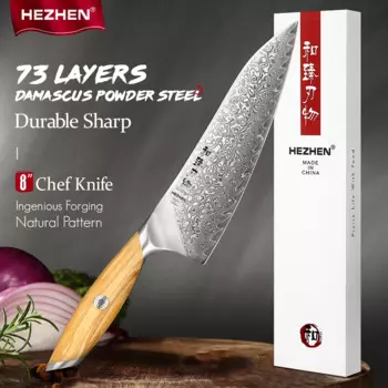 HEZHEN флагманская серия, 73 слоя, дамасская сталь, поварской нож 14Cr14MoVNb, порошковый стальной сердечник, ручка из оливкового дерева, кухонные столовые приборы