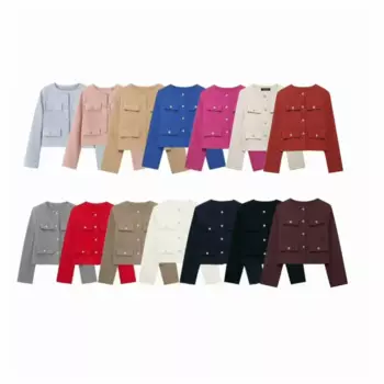 HH TRAF Женская осенне-зимняя новая однотонная однобортная модная короткая куртка с круглым вырезом и декоративными карманами Топы с длинным рукавом Mujer