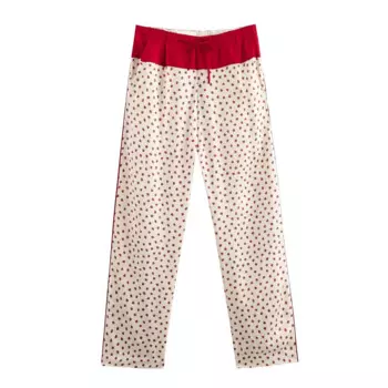 HH TRAF женские осенние элегантные брюки с клубничным принтом, пижамный стиль с эластичной резинкой на талии, длинные брюки, женские брюки с украшением на шнуровке