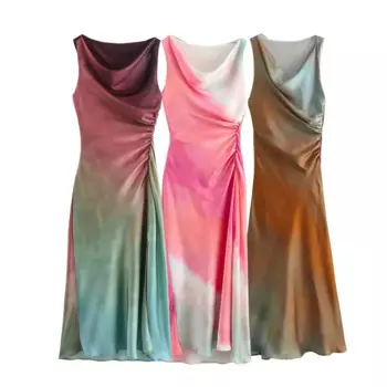 HH TRAF женское модное платье со складками и боковой молнией, дизайнерское вечернее платье 2024, женское атласное приталенное платье миди без рукавов