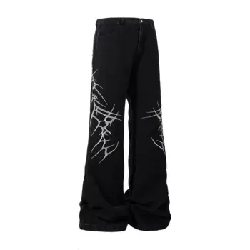 High Street Lightning Вышивка Широкие мешковатые черные джинсы для мужчин Прямые Ropa Hombre Свободные повседневные джинсовые брюки большого размера