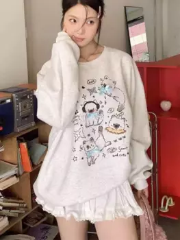 High Street зимние бархатные топы Y2K милый котенок кошка с принтом мультфильма толстовка Harajuku с круглым вырезом серая толстовка большого размера серая корейская