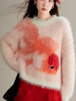 Hikigawa шикарные модные весенние праздничные женские свитера с мультяшными рыбками Рождественский Нежный трикотажный пуловер с круглым вырезом и длинным рукавом Топы