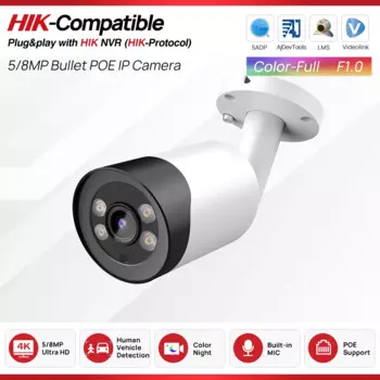 Hikvision совместимая 5MP 8MP Colorvu мини цилиндрическая IP-камера со встроенным микрофоном Обнаружение человеческого транспортного средства сетевая камера видеонаблюдения