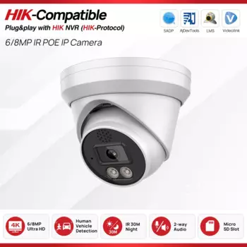 Hikvision совместимая с 6MP 8MP ИК купольная IP-камера с 2-сторонним аудио слот для SD-карты сетевая камера видеонаблюдения Plug & Play HIK NVR