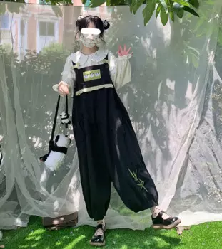Himifashion кавайные вельветовые брюки, Женский цельный комбинезон, милый мультяшный комбинезон с вышивкой панды, повседневные Черные Брюки на подтяжках