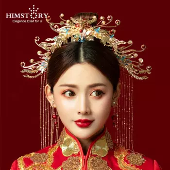 HIMSTORY новый китайский головной убор для невесты классическая корона для волос Феникс шаг качающийся Костюм Свадебные аксессуары