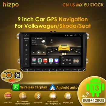 Hizpo Автомобильный мультимедийный плеер 2din Android 13 Радио для VW Volkswagen Golf Polo Skoda Rapid Octavia Passat b6 7 Tiguan Carplay GPS
