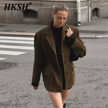 HKSH 2024, осенне-зимний новый женский стильный пиджак в стиле панк с длинными рукавами, свободные замшевые куртки Майяра, шикарные топы Ins HK3104