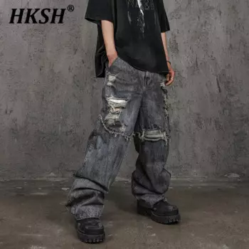 HKSH весенне-летние потертые земли грязные Окрашенные Джинсы винтажные тяжелые Промышленные разрушенные Сращенные свободные прямые джинсы Oants HK1501