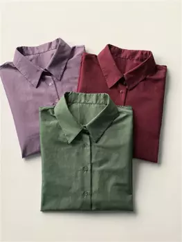 Хлопковая женская однобортная рубашка, матовая простая тонкая однотонная женская блузка с длинным рукавом и отложным воротником