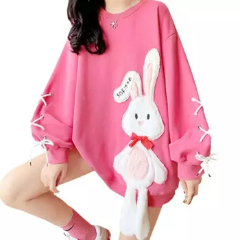 Хлопковая зимняя одежда в повседневном стиле с бархатной подкладкой для девушек, высококачественный свитшот с вышивкой и бантом, розовый женский пуловер с кроликом