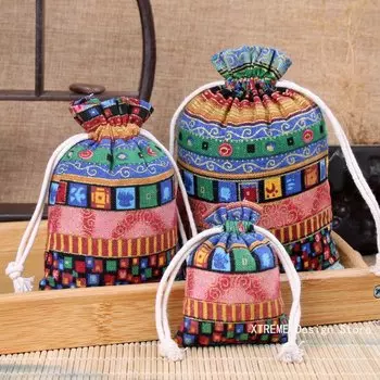 Хлопково-льняная сумка в этническом стиле для хранения небольших вещей