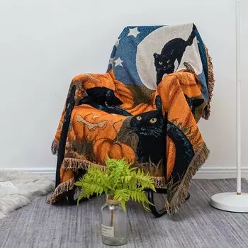 Хлопковое вязаное одеяло с черной кошкой Halloween