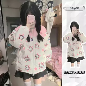 Хлопковые парки Sanrioed Hello Kittys Y2K, зимний пуховик в стиле Харадзюку, лоскутное свободное пальто на молнии, повседневная теплая куртка для женщин