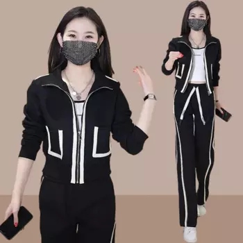 Хлопковый женский спортивный костюм, спортивный костюм, свободная куртка в Корейском стиле, свитшот с широкими штанинами, штаны для бега, бега, тренировок, повседневный комплект одежды