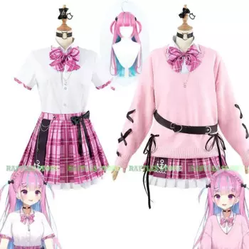 Hololive Minato Aqua Косплей Костюм Парик Дебю Розовый Свитер Юбка JK Униформа Аниме VTuber Косплей Хэллоуин Костюм YouTuber