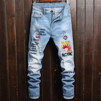 Hombre 2020 Модные мужские Вышитые тонкие прямые модные брендовые панковские индивидуальные длинные брюки мужские джинсы