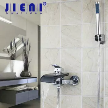 Хромированный настенный смеситель JIENI для ванной комнаты, черный стеклянный носик с ручным смесителем для душа, смеситель для ванны, раковины