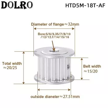HTD5M 18-зубчатый синхронный зубчатый шкив с отверстием 5/6/6.35/7/8/10/12/14/15/16 мм для ширины 15/20 мм HTD5M ременная Шестерня 18-5M-15 AF 18 T