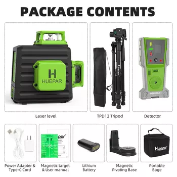Huepar 12-линейный 3D лазерный уровень с зеленым лучом, самовыравнивающийся набор инструментов для лазерного уровня с перекрестными линиями, со штативом и лазерным детектором