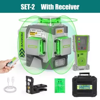 Huepar 12-линейный 3D-лазерный уровень, высокая точность ± 2 мм/10 м, самовыравнивающийся зеленый луч 360 ° Лазерные инструменты с перекрестной линией и литий-ионной батареей