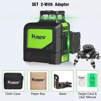 Huepar 8-линейный 2D лазерный уровень с зеленым лучом, самовыравнивающийся набор инструментов для лазерного уровня с перекрестными линиями, лазерный детектор и адаптер 902CG