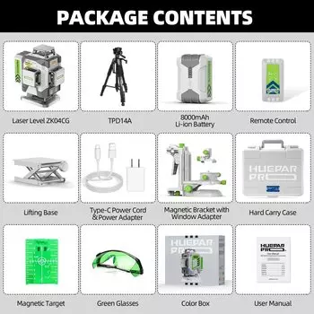 Huepar ZK04CG 4D зеленый лазерный уровень с штативом