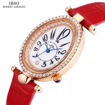 IBSO женские кварцевые часы с овальным циферблатом, полностью циркониевым покрытием, 3ATM, водонепроницаемые японские кварцевые часы, женские часы из натуральной кожи