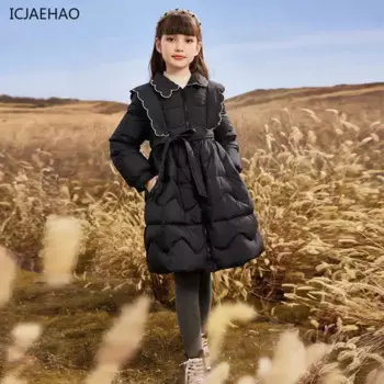 ICJAEHAO 2024, детская модная повседневная верхняя одежда, пуховик принцессы для подростков, элегантное толстое пальто средней длины, зимнее пальто для девочек