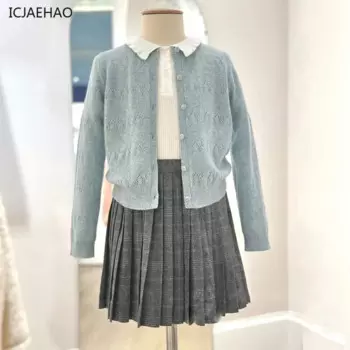 ICJAEHAO 2024, детский шерстяной корейский трикотаж, кардиган вишневого цвета для девочек, синие свитера с длинными рукавами, осенняя детская одежда, верхняя одежда