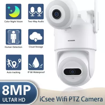 ICSEE 8MP 4MP 4-кратный зум двойной объектив Wi-Fi PTZ камера IP66 Водонепроницаемая HD 4MP цветная камера ночного видения с автоматическим отслеживанием Wi-Fi камера наблюдения