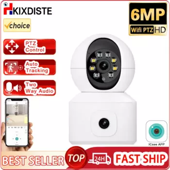 ICSEE Wi-Fi камера 6MP с двумя объективами, двойной экран, радионяня, ночное видение, внутренняя мини-PTZ-камера безопасности, IP-камера видеонаблюдения