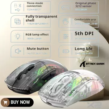 Игровая мышь Attack Shark X2 Rgb, трехрежимная компьютерная игровая мышь 2,4 ГГц/bluetooth/Проводная, бесшумная мышь с Rgb-подсветкой, прозрачная 4000 Dpi