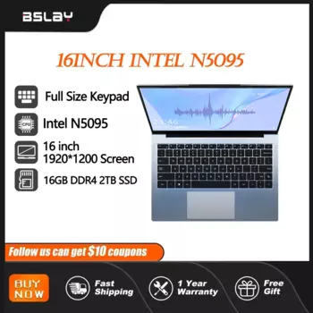 Игровой ноутбук 16 дюймов Intel Celeron N5095 16 Гб ОЗУ SSD 2 ТБ DDR4 Window11 HD камера HDMI 4 ядра 4 потока Портативный компьютер ПК