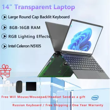 Игровой ноутбук Intel Celeron N510516gb, офисный ноутбук 14 дюймов, ОЗУ 1 ТБ, Ssd, 7-цветная клавиатура с подсветкой, прозрачный корпус, разблокировка отпечатком пальца