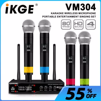 IKGE VM304 Audio 4-канальная беспроводная микрофонная система, ручной микрофон, расстояние передачи 80 м, для сцены, церкви